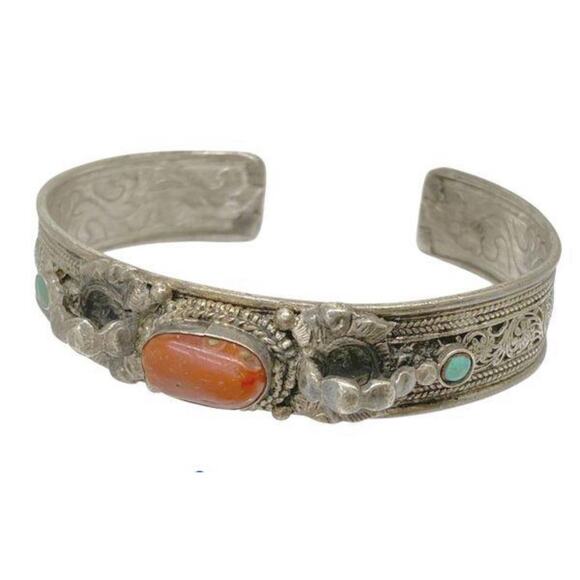 VTG Sterling Silver Turquoise Red Coral Cuff Bracelet- Ornate Design Adjustable - Picture 11 of 15
